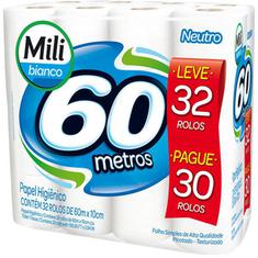 Papel Higiênico Milli Bianco Folha Simples Leve 32 Pague 30 60m